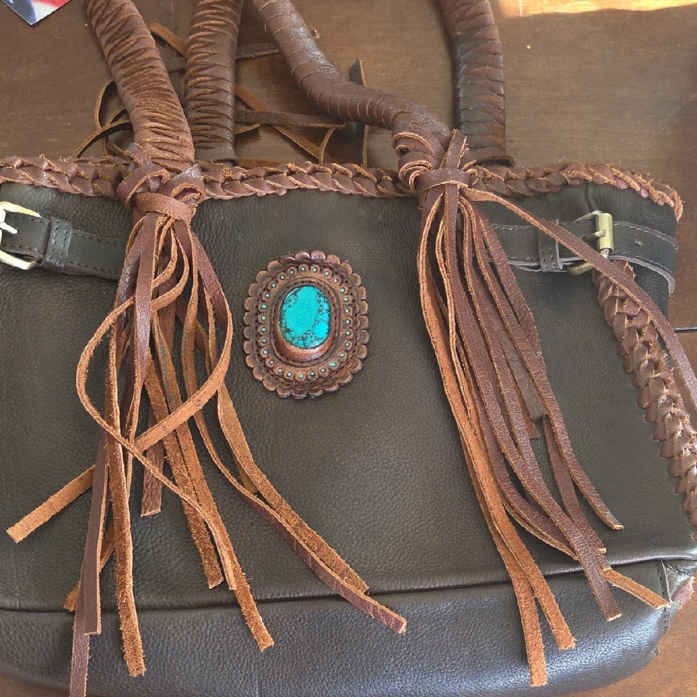 Artisan Brown Leather Shoulder Bag with Turquoise Detail